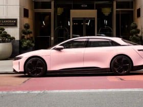 Lucid Air in front of the Langham Hotel