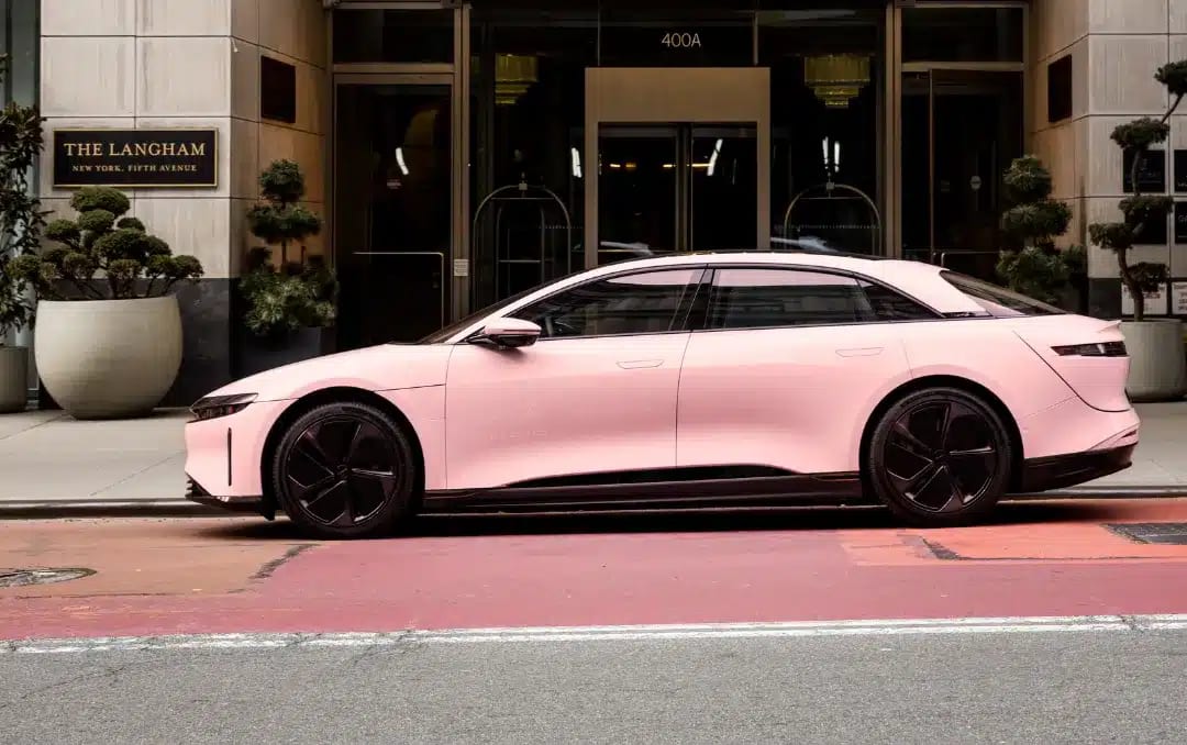 Lucid Air in front of the Langham Hotel