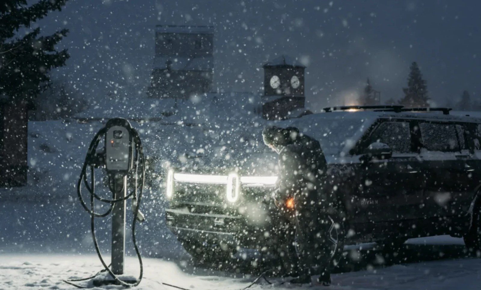 Rivian R1 Vehicle being charged during the Winter