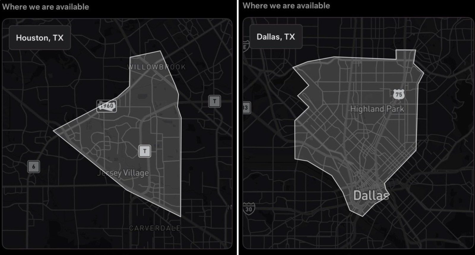 Tesla's geofenced area in Houston and Dallas