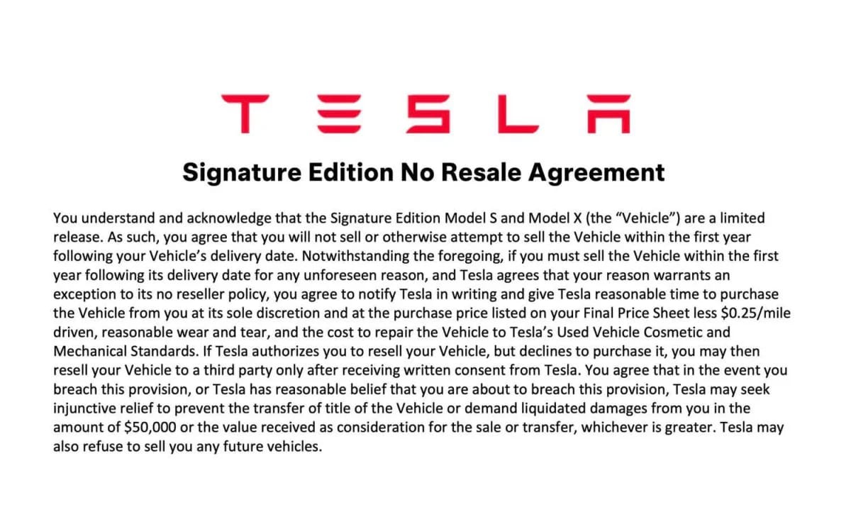Tesla's agreement on no resale