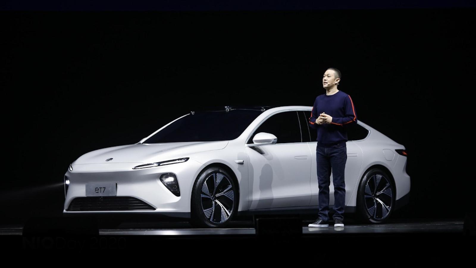 Nio's founder and CEO unveiling the ET7 sedan in January 2021